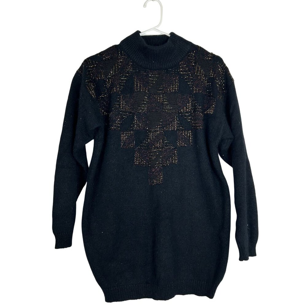 VTG IB Diffusion Black Knit Sweater Womens Small Dress Metallic Geometric Design